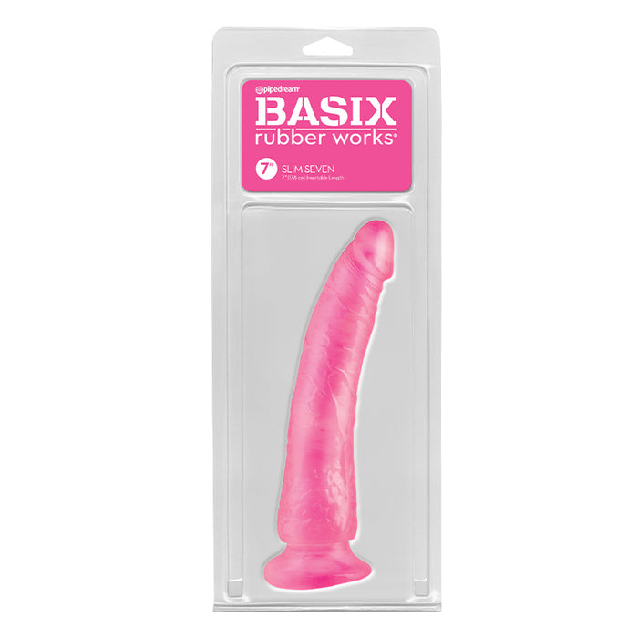 Pipedream Basix Rubber Works Slim Seven 7 in. Dildo With Suction Cup Pink