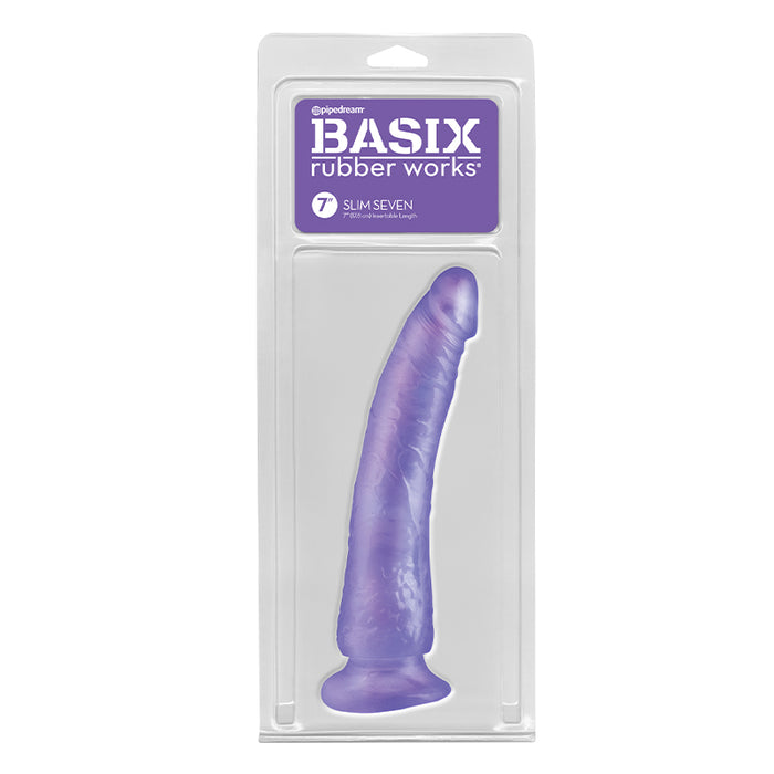 Pipedream Basix Rubber Works Slim Seven 7 in. Dildo With Suction Cup Purple