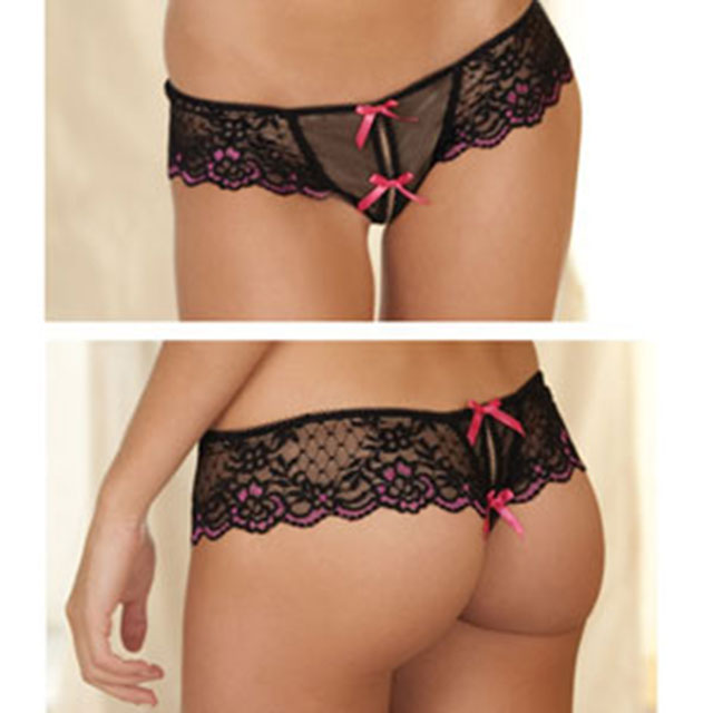 Rene Rofe Crotchless Lace Thong With Bows S/M