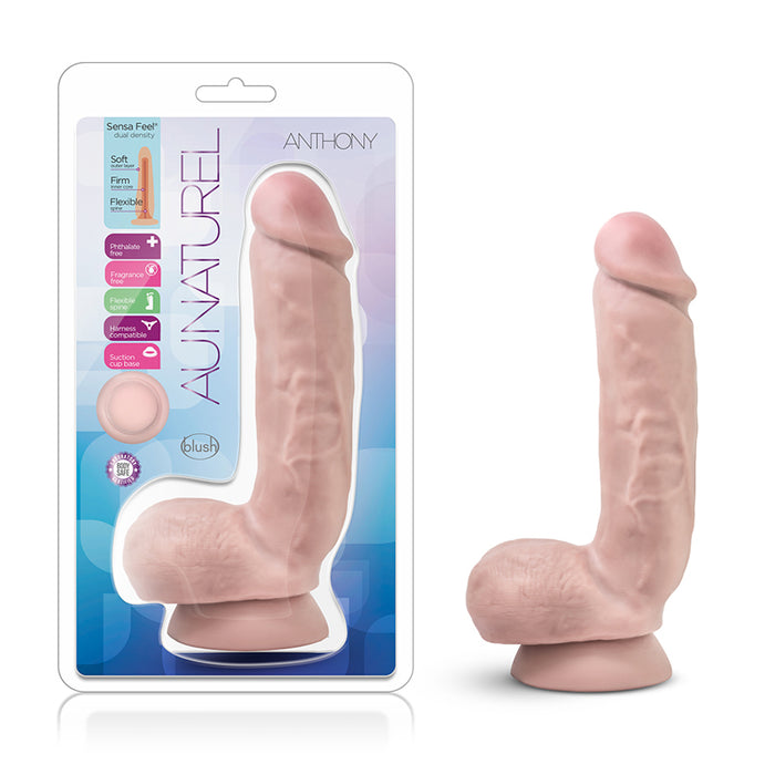 Blush Au Naturel Anthony 8.5 in. Posable Dual Density Dildo with Balls & Suction Cup Beige