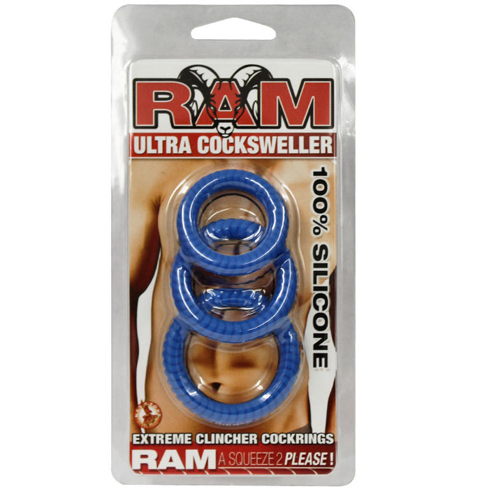 Ram Ultra Silicone Cocksweller 3 Cock Rings (Blue)
