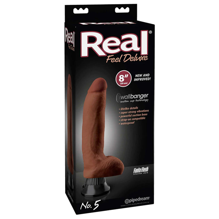 Pipedream Real Feel Deluxe No. 5 Realistic 8 in. Vibrating Dildo With Balls and Suction Cup Brown