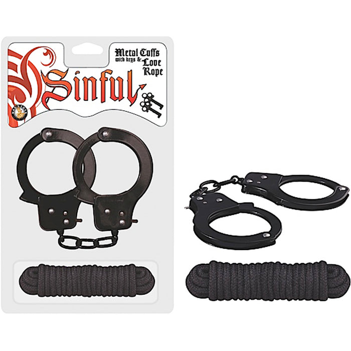 Sinful Metal Cuffs With Keys & 118in. Love Rope (Black)