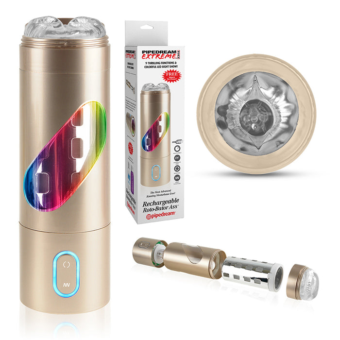 PDX Rechargeable Roto-Bator Ass Light-Up Rotating Stroker Clear/Gold