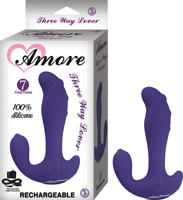 Amore Three Way Lover Silicone 5.91in. Silicone Multispeed Waterproof G Spot, Clitoral & Anal Stimulating USB Rechargable Vibe (Purple)