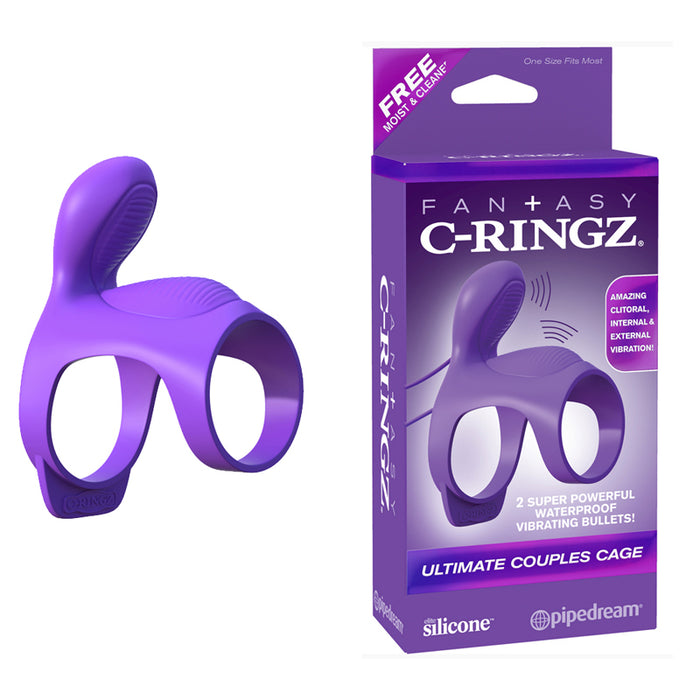 Pipedream Fantasy C-Ringz Ultimate Couples Cage Vibrating Silicone Cock Sheath With Clitoral Stimulation Purple