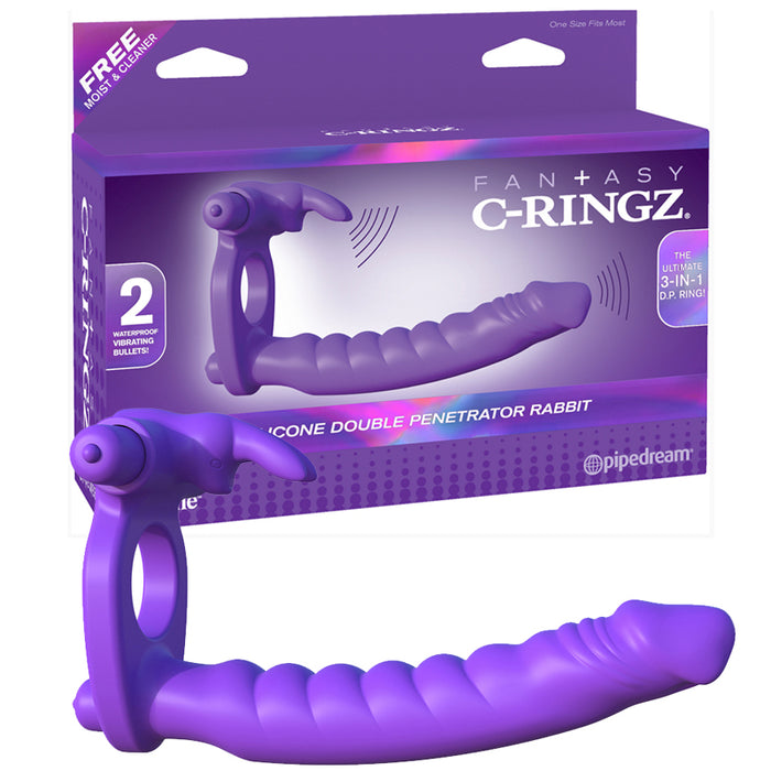 Pipedream Fantasy C-Ringz Silicone Double Penetrator Rabbit Vibrating Dual Entry Cockring With Ears Purple
