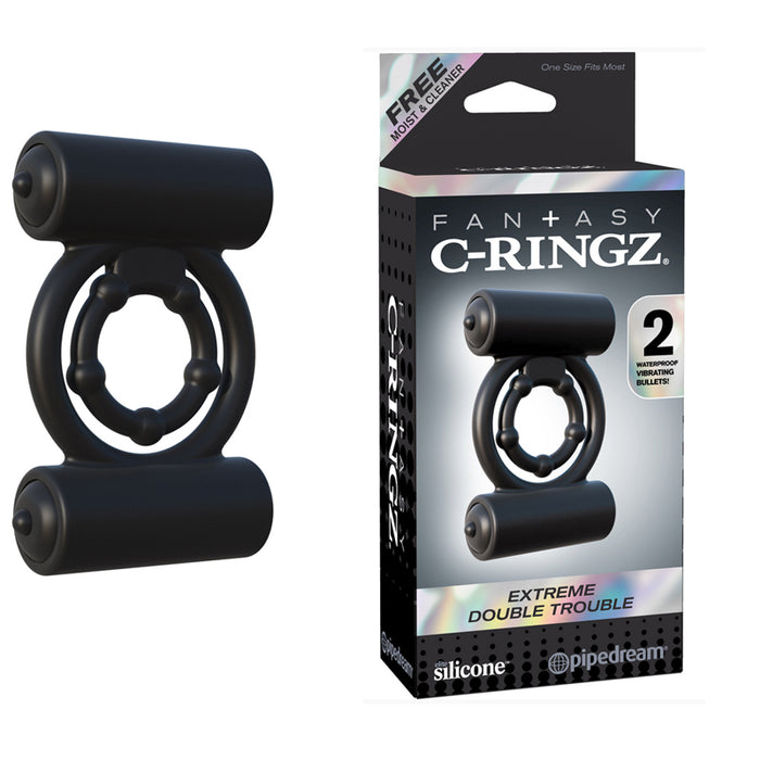 Pipedream Fantasy C-Ringz Extreme Double Trouble Vibrating Silicone Cockring With Dual Bullets Black