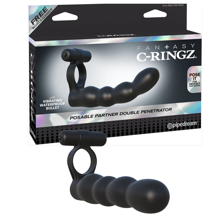 Pipedream Fantasy C-Ringz Posable Partner Double Penetrator Vibrating Silicone Dual Entry Cockring Black