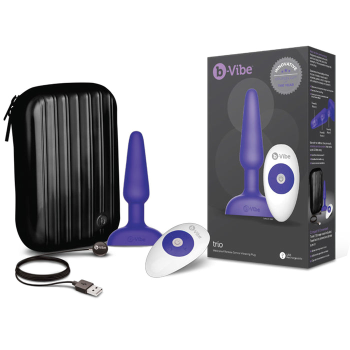 b-Vibe Trio Silicone Vibrating Remote Controlled Multispeed Waterproof Anal Play Plug With Travel Case & USB Charger (Purple)