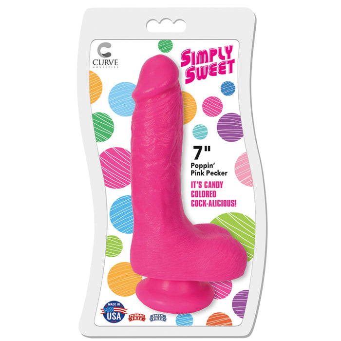 Curve Toys Simply Sweet Poppin' Pink Pecker 7 in. Dildo with Balls & Suction Cup