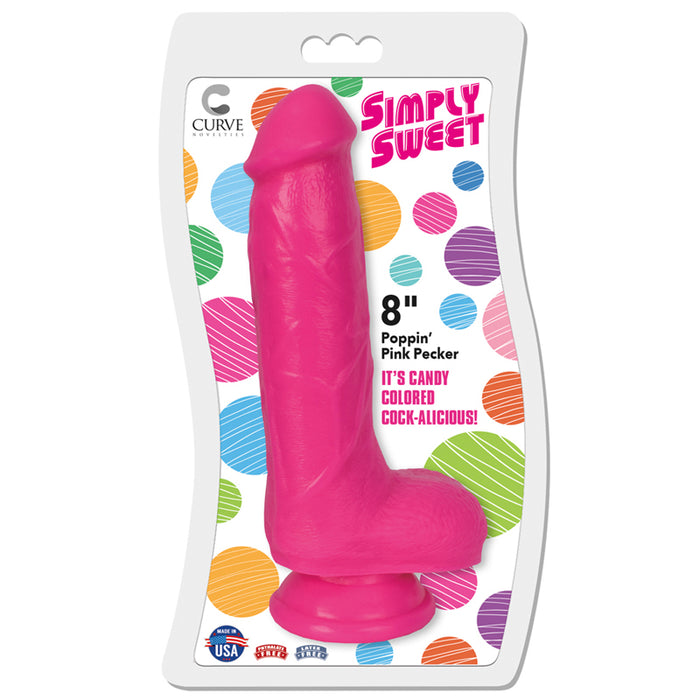 Curve Toys Simply Sweet Poppin' Pink Pecker 8 in. Dildo with Balls & Suction Cup