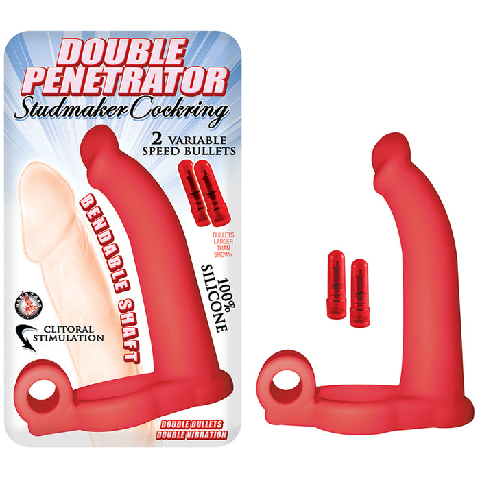 Double Penetrator Studmaker Cockring With 2 speed Bullet Red