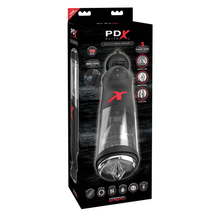PDX Elite Deluxe Mega-Bator Rechargeable Rotating Thrusting Masturbator With Hands-Free Suction Cup Base & Interchangeable Toppers Clear/Black