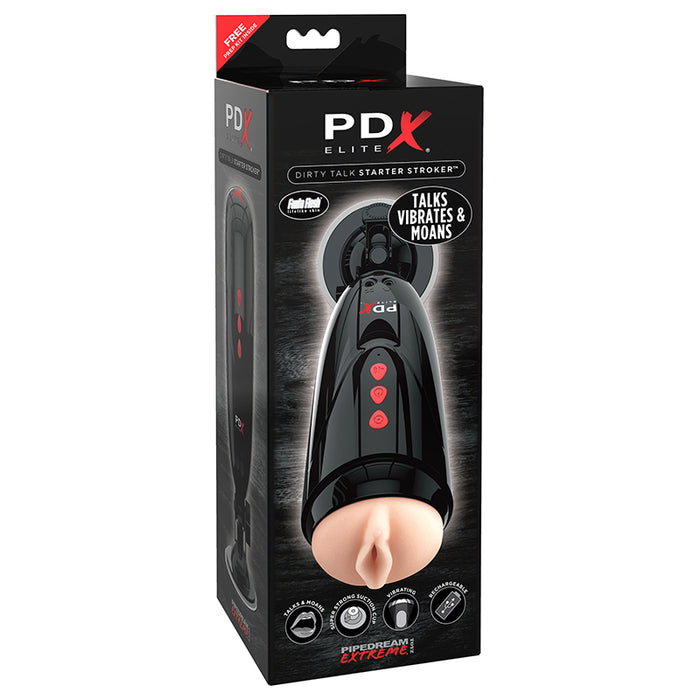 PDX Elite Dirty Talk Rechargeable Vibrating Starter Stroker With Hands-Free Suction Cup Beige/Black