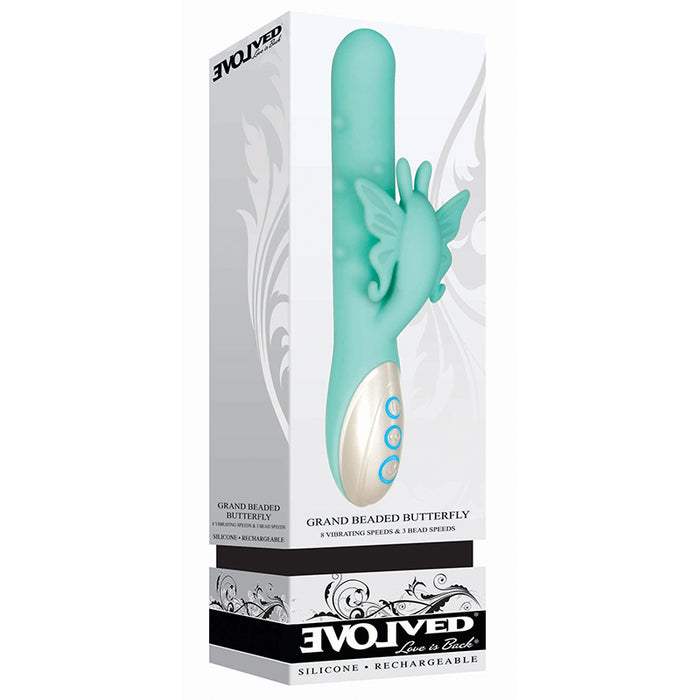 Evolved Grand Beaded Butterfly Rechargeable Silicone Dual Stimulator Turquoise