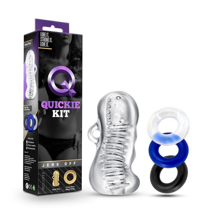 Quickie Kit Jerk Off Stroker & 3-Piece Cockring Set Clear