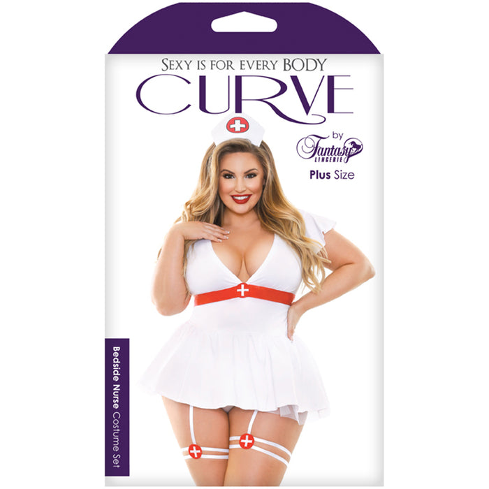 Fantasy Lingerie Curve Bedside Nurse Costume Set; Dress With Tie Back, Gartered Panty & Medic Hat White 3XL/4XL