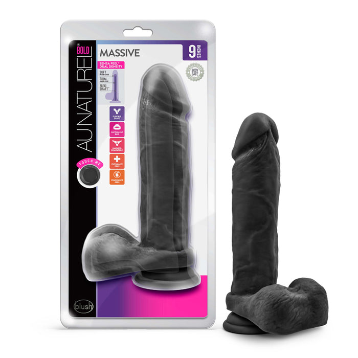 Blush Au Naturel Bold Massive 9 in. Posable Dual Density Dildo with Balls & Suction Cup Black