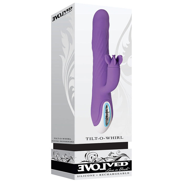 Evolved Tilt-O-Whirl Rechargeable Silicone Dual Stimulation Vibrator With Spinning Clit Stimulator Purple