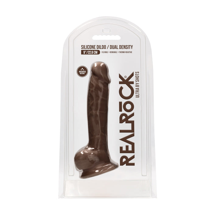 RealRock Ultra Realistic Dual Density Silicone 9 in. Bendable Dildo With Balls Brown