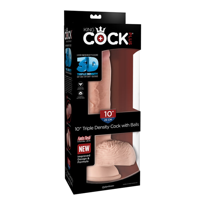 Pipedream King Cock Plus 10 in. Triple Density Cock With Balls Realistic Suction Cup Dildo Beige
