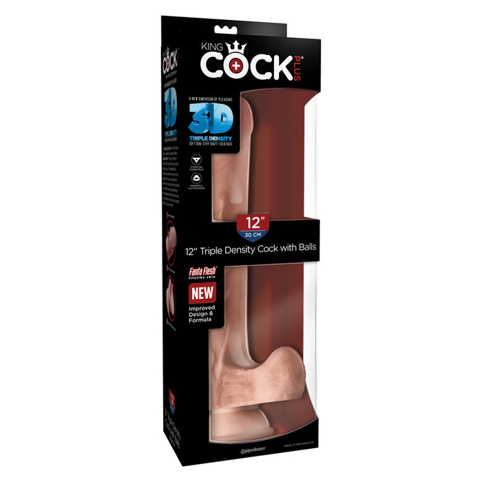 Pipedream King Cock Plus 12 in. Triple Density Cock With Balls Realistic Suction Cup Dildo Beige
