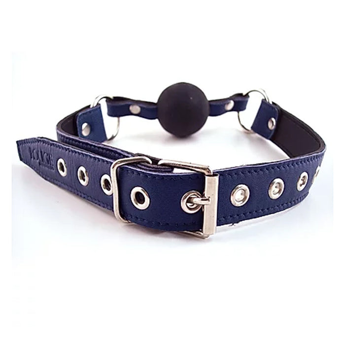 Leather Ball Gag with Black Rubber Ball- Blue