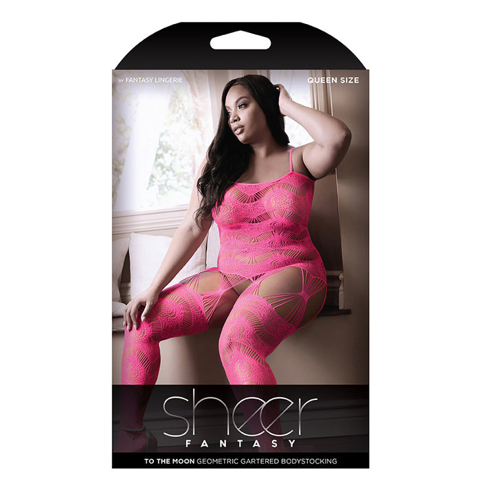 Fantasy Lingerie Sheer To The Moon Multi-Garter Geometric Bodystocking Neon Pink Queen Size