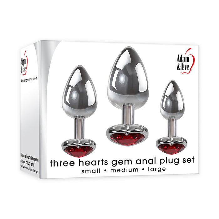 Adam & Eve 3-Piece Metal Anal Plug With Red Gemstone Heart Base Set