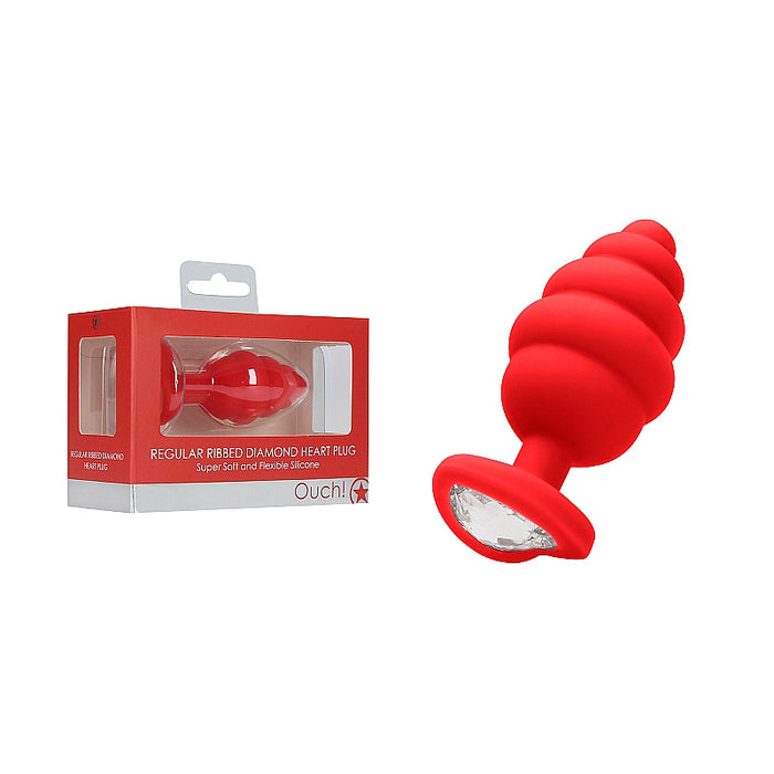 Ouch! Regular Silicone Ribbed Diamond Heart Anal Plug Red