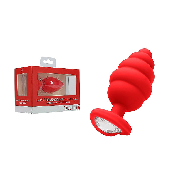 Ouch! Large Silicone Ribbed Diamond Heart Anal Plug Red