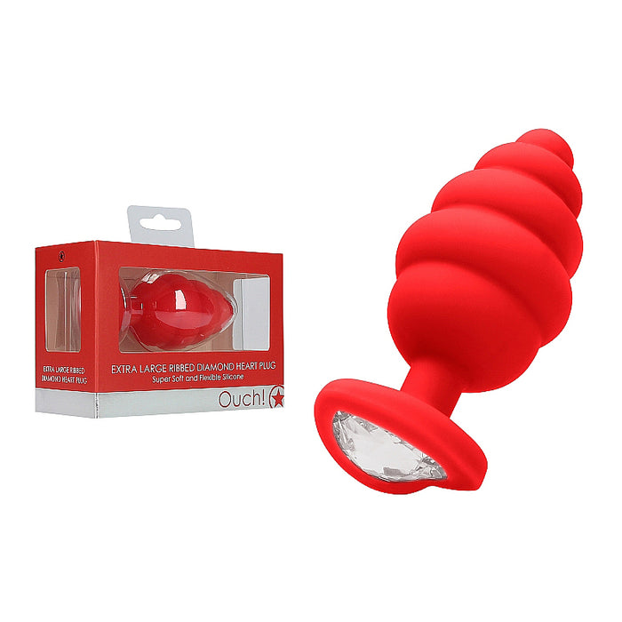 Ouch! Extra Large Silicone Ribbed Diamond Heart Anal Plug Red