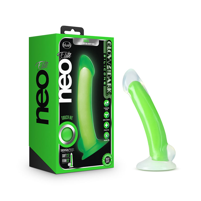 Blush Neo Elite Glow in the Dark Omnia 7 in. Silicone Dual Density Dildo with Suction Cup Neon Green