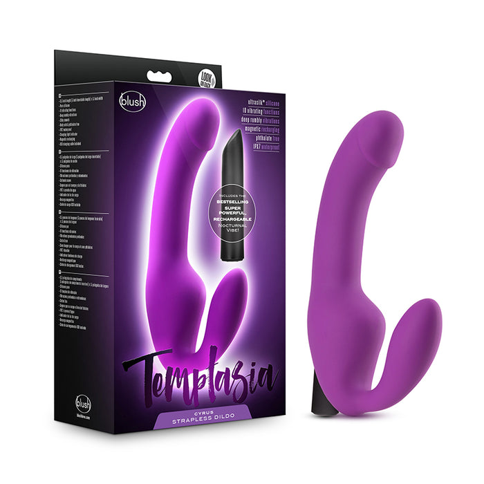Blush Temptasia Cyrus 8.5 in. Silicone Strapless Strap-On Dildo with Rechargeable Bullet Vibrator Purple