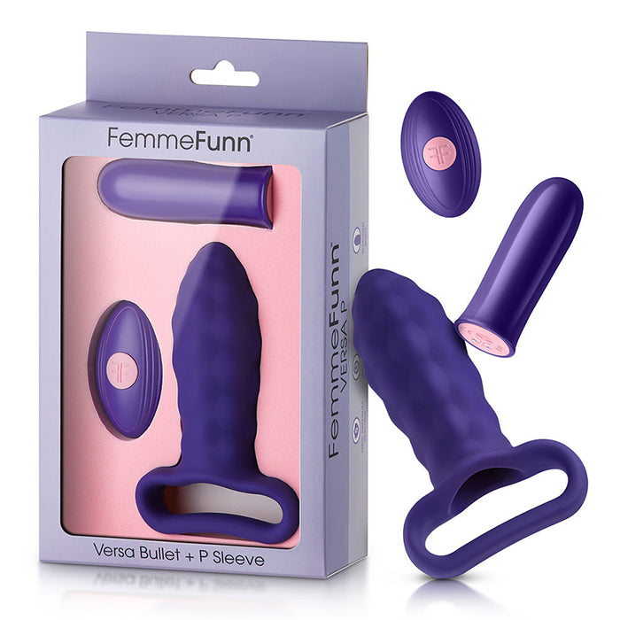 FemmeFunn Versa P Rechargeable Remote-Controlled Bullet Vibrator & Textured Silicone P Sleeve Dark Purple