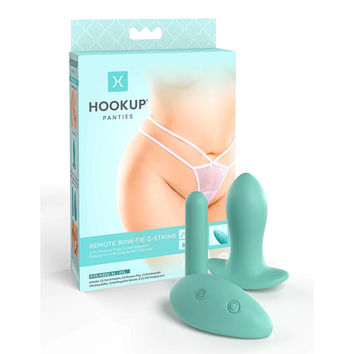 Pipedream Hookup Panties Remote Bowtie G-String With Silicone Anal Plug & Rechargeable Bullet Vibrator White/Aqua XL-XXL