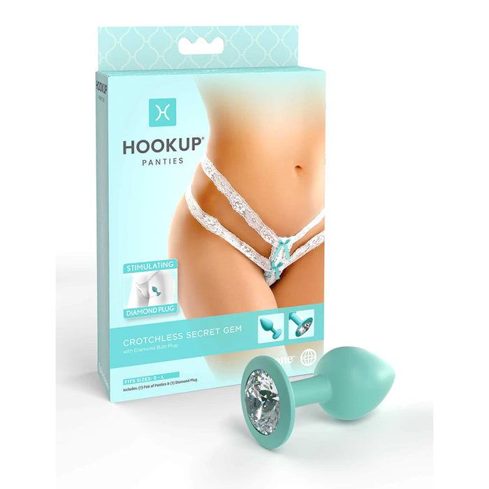 Pipedream Hookup Panties Crotchless Secret Gem With Diamond Silicone Anal Plug White/Aqua S-L