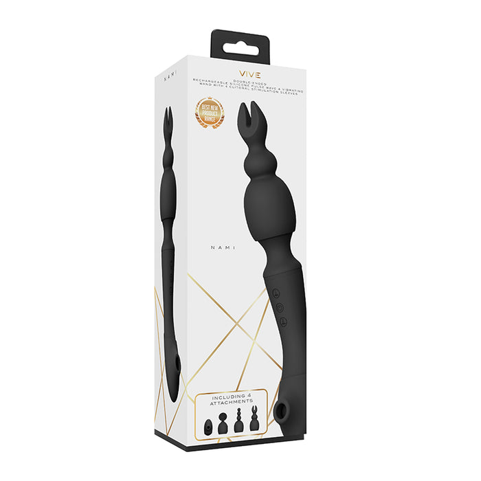 VIVE NAMI Rechargeable Dual-Ended Pulse Wave & Vibrating Silicone Wand With Interchangeable Sleeves Black