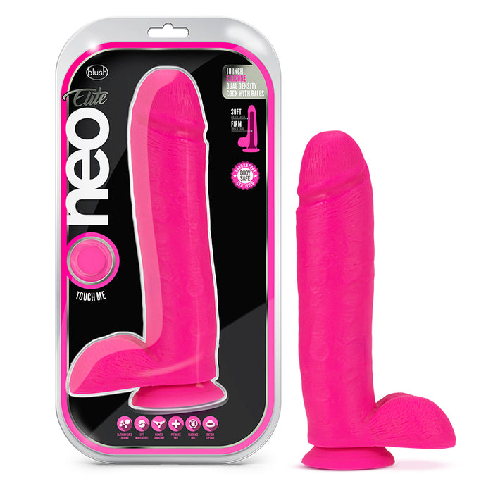 Blush Neo Elite 10 in. Silicone Dual Density Dildo with Balls & Suction Cup Neon Pink