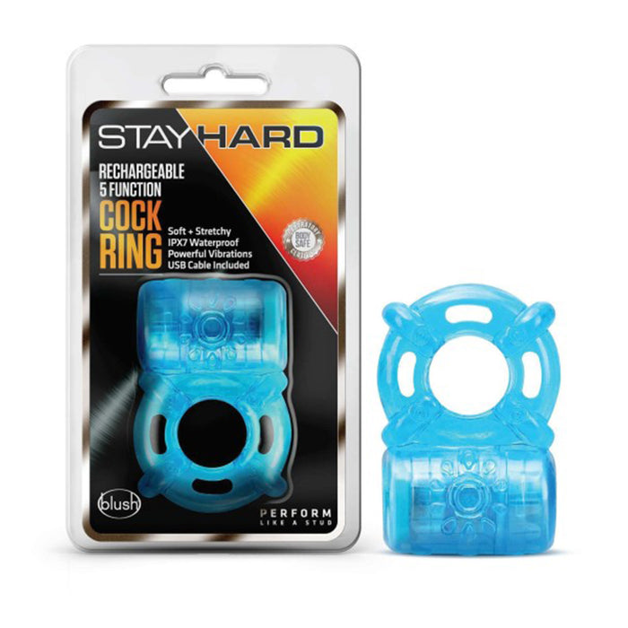 Blush Stay Hard Rechargeable 5 Function Vibrating Cockring Blue