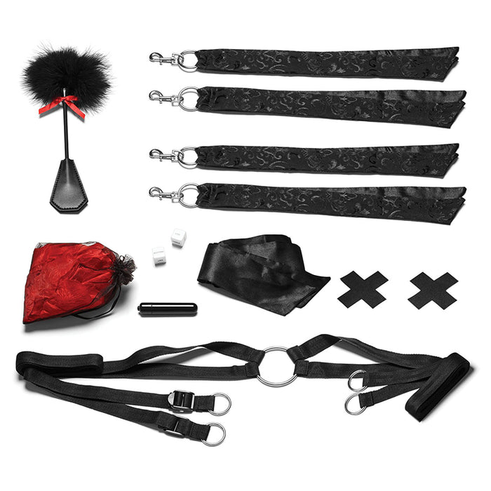 Lux Fetish Night of Romance Satin Cuffs with Rose Petals Bedspreaders 6-Piece Bed Restraint Set