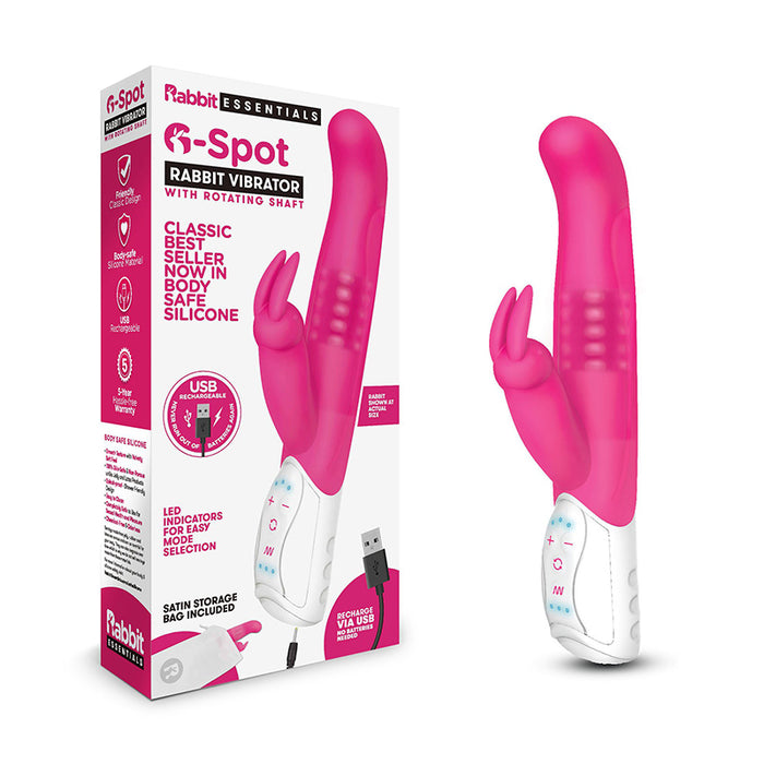 Rabbit Essentials G-Spot Rabbit Vibrator with Rotating Shaft Rechargeable Silicone Hot Pink