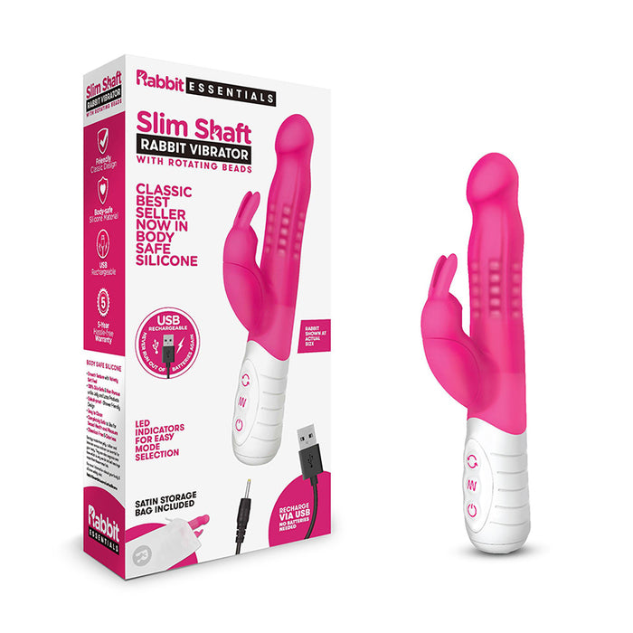 Rabbit Essentials Slim Shaft Rabbit Vibrator with Rotating Beads Rechargeable Silicone Hot Pink