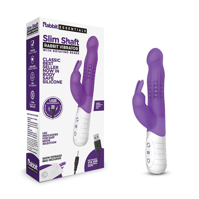 Rabbit Essentials Slim Shaft Rabbit Vibrator with Rotating Beads Rechargeable Silicone Purple