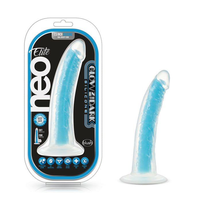 Blush Neo Elite Glow in the Dark Prysm 7 in. Silicone Dual Density Dildo with Suction Cup Neon Blue