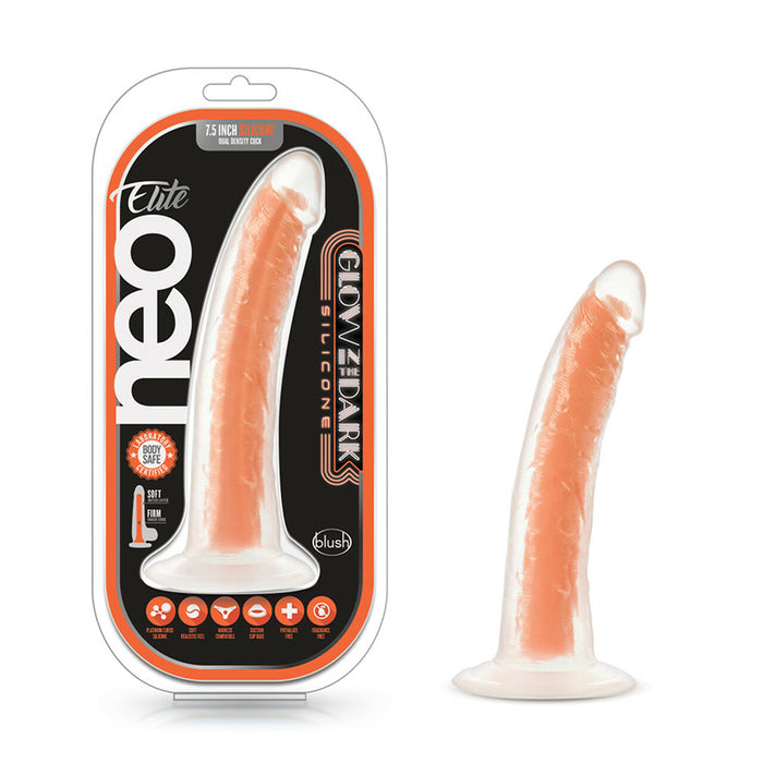 Blush Neo Elite Glow in the Dark Lavo 7 in. Silicone Dual Density Dildo with Suction Cup Neon Orange