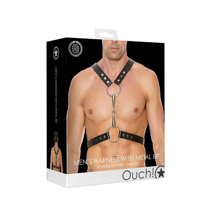 Ouch! Men's Bonded Leather Harness With Metal Bit Black O/S