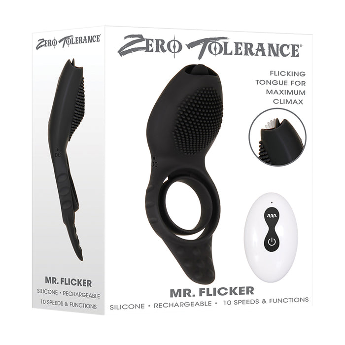 Zero Tolerance Mr. Flicker Rechargeable Remote-Controlled Flicking Tongue Vibrating Silicone Cockring Black