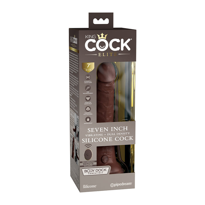 Pipedream King Cock Elite 7 in. Vibrating Dual Density Silicone Cock Rechargeable Remote-Controlled Realistic Dildo With Suction Cup Brown
